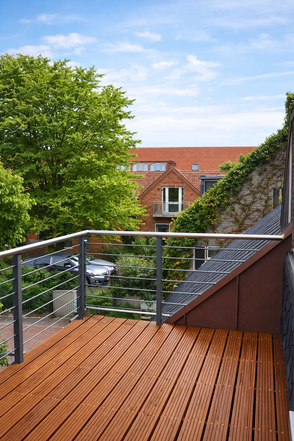 Holzbalkon im Obergeschoss mit Blick über grüne Bäume und die Nachbarschaft von Wyk