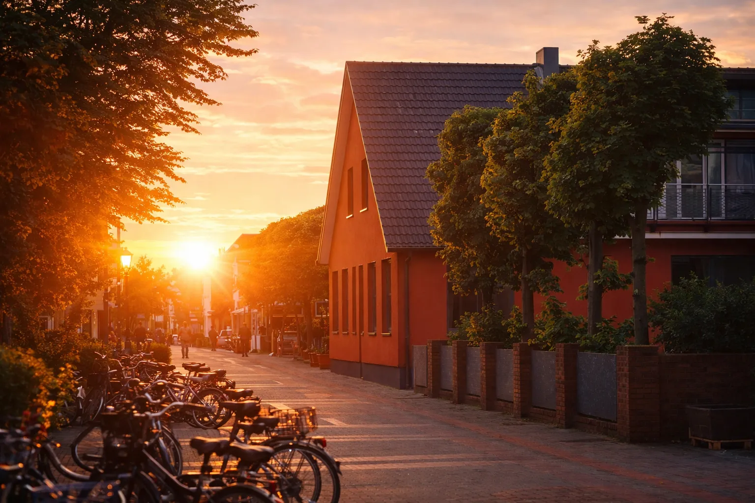 Traumhafter Sonnenuntergang über der Straße in Wyk auf Föhr mit Blick auf das Ferienhaus