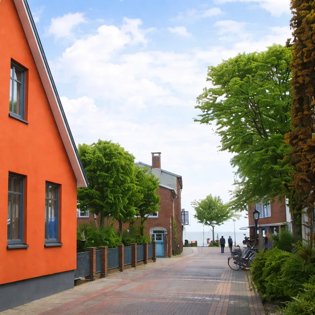 Straßenansicht des Ferienhauses Roter Seestern in Wyk auf Föhr mit Bäumen und Blick zum Meer